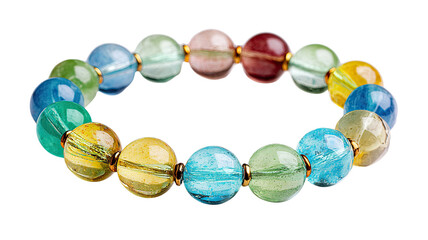 Colorful glass bead bracelet with translucent round beads and gold spacers isolated on black background
