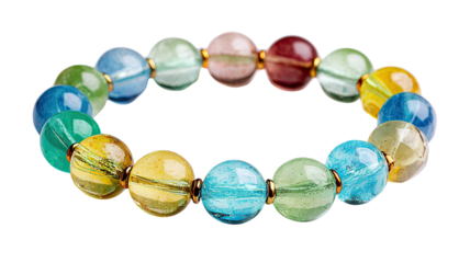 Colorful glass bead bracelet with translucent round beads and gold spacers isolated on black background