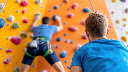 Couple of athletes ascend steep rock on indoor climbing wall for adventure