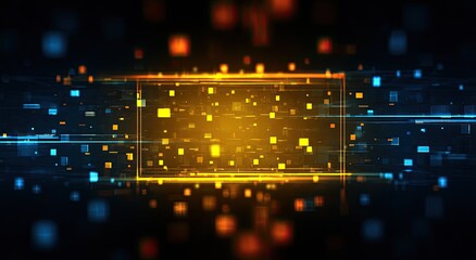 Digital abstract with a glowing rectangular frame and floating pixelated particles