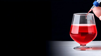 Scientist adding red liquid to a glass beaker on a lab table