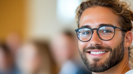 Confident entrepreneur engages with audience at inspiring business seminar