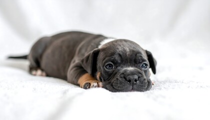 Adorable Boxer Puppy Resting on White Background with Focused Gaze.