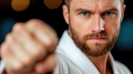 Martial artist showcasing powerful stance in contemporary dojo setting