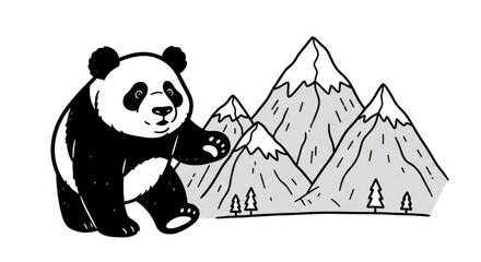 Cute Panda Bear Waving Hello in Snowy Mountain Landscape