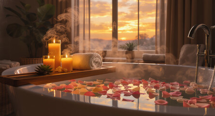 Aromatherapy candles, rolled towel, and rose petals float in steaming bathtub, creating relaxing spa atmosphere with warm sunset light streaming through window