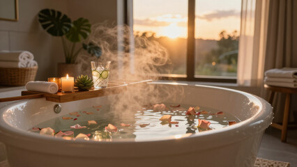 Bathtub rose petal candle steam relaxation spa sunset glass cucumber towel luxury wellness water flower leaf wood tray interior window sunlight luxurious bathtub filled with steaming water