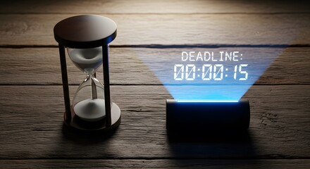 Deadline countdown with digital timer hologram and sand hourglass on wooden desk for time management urgency pressure schedule completion professional productivity work