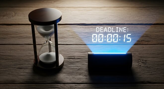 Deadline countdown with digital timer hologram and sand hourglass on wooden desk for time management urgency pressure schedule completion professional productivity work - Powered by Adobe