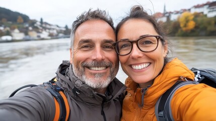 Happy couple enjoys a sunny day taking selfies by the riverbank