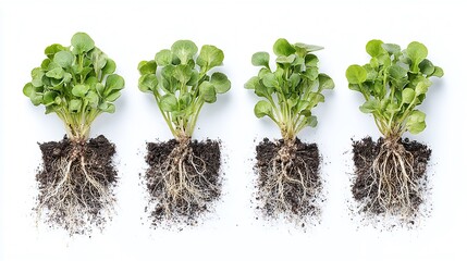 Four vibrant green seedlings, complete with root systems and soil, sit against a clean, white background, showcasing the beauty of plant growth and the intricacy of nature.
