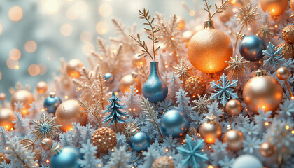 Festively decorated Christmas tree adorned with blue and gold ornaments, showcasing intricate details of seasonal celebration. Ideal for articles about holiday traditions, decoration ideas,