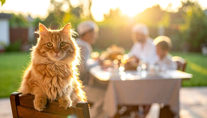 ginger cat watches a muslim family gathering for sahur meal outdoors at golden hour capturing a tranquil domestic scene for lifestyle content.