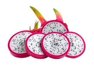 Sliced dragon fruit with vibrant pink skin and white seeded flesh on black