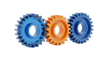 Macro shot of three precision-engineered plastic gears, two translucent blue and one matte orange, perfectly interlocked on a reflective white surface, clean studio setup. concept of corporate synergy