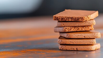 Delicate layers of chocolate cookies sit atop a rustic metal surface