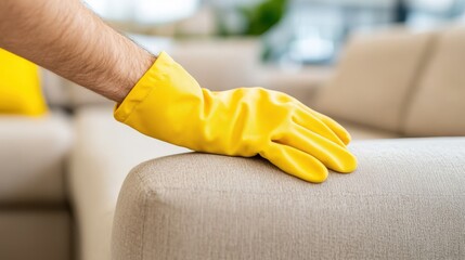 Employee performs deep cleaning on sofa using protective gloves in spring