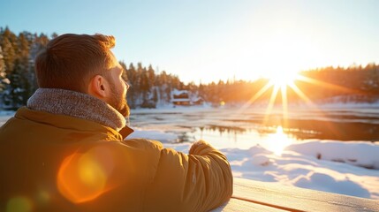 Winter fisherman enjoys the sunrise over a frozen lake landscape