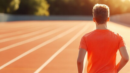 Warm-up routine of a young sportswoman on the running track at sunset
