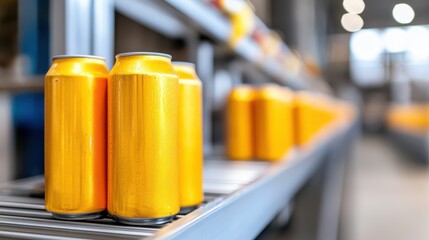 Bright yellow aluminum cans ready for processing on factory conveyor line
