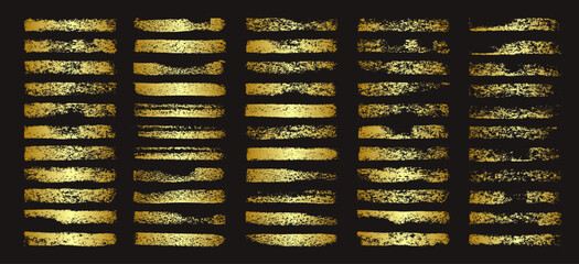 Golden brush strokes, lines, ink smudges, hand-drawn scribble shapes. Handmade sketchy marks, acrylic stains, charcoal streaks. Paint textures, dry brush effect. Marker underline. Vector illustration