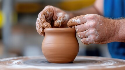 Crafting a beautiful pot on the pottery wheel in a serene workshop environment
