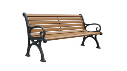 Wooden park bench with black metal frame isolated on transparent background