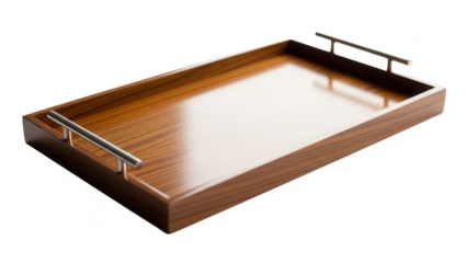 Wooden serving tray with metal handles isolated on transparent background