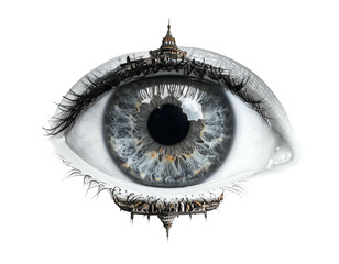 Surreal eye image with cityscapes merging with the eyelashes and eyelids