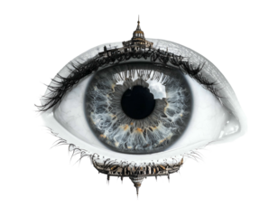 Surreal eye image with cityscapes merging with the eyelashes and eyelids