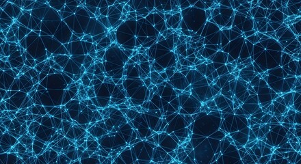 Intricate network of glowing blue lines connecting nodes forming a complex digital web or abstract molecular structure on dark background