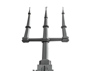 Gray, geometric trident sculpture against black background