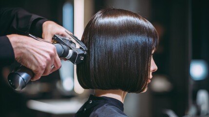 Medium shot of a robotic haircutting assistant expertly shaping a sleek bob hairstyle with precise AIcontrolled movements in a modern salon environment.