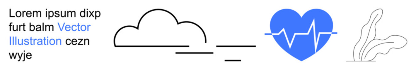 Nature, health, wellness, cardiology, environmental care, minimalistic design. Cloud connected to a heart monitor and abstract plant outlines. Nature and health concepts through simple forms