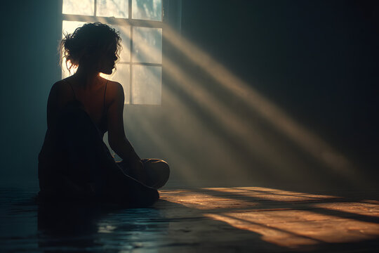 A woman silhouette sitting on the floor on a dark room, feeling sad - Powered by Adobe