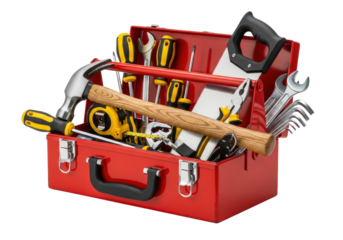 Open, heavy-duty red metal toolbox overflowing with high-detail hand tools (steel hammer, screwdrivers, tape measure) isolated against a transparent background. Concept of professional