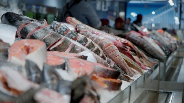 fresh fish display on ice salmon steaks and fillets arranged on stainless counter crushed ice sparkling vendor behind stall blurred shoppers in background cool blue lighting seaside market vibe