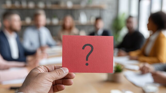 A question mark card is held in front of a board meeting. Uncertainty and ambiguity are the themes. Decisions are unclear, and direction is needed in a conference room.
