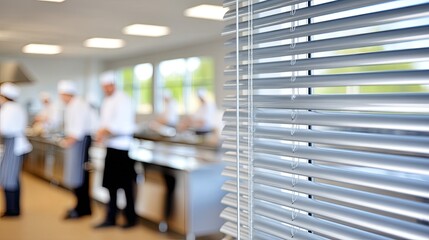 Students in chef uniforms are focused on their culinary tasks in a spacious kitchen with large windows and modern equipment