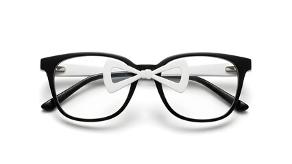 Black framed eyeglasses with white bow tie detail on white background spectacles eyewear optical