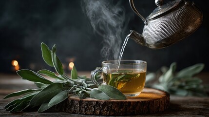 Pouring hot tea from a classic pot into a glass cup with sage leaves, set on a rustic wooden coaster with a dimly lit backdrop. A soothing herbal drink.