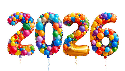 Colorful balloons form the numbers 2026 against a black background