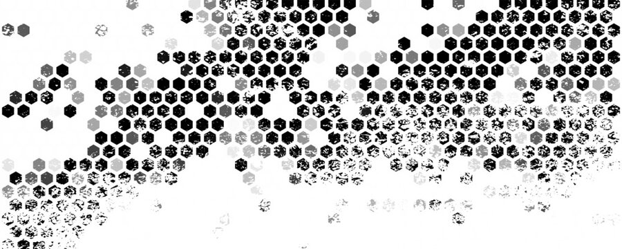 Abstract black and white background featuring a scattered hexagon (honeycomb) halftone pattern with a distressed grunge texture. The dynamic geometric composition creates a modern