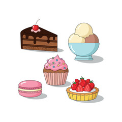Colorful illustration of assorted desserts on a white background with cake and ice cream