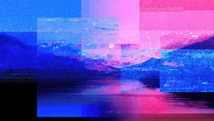 Digitally distorted, vibrant landscape with glitch effects across a mountainous horizon