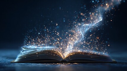Open book with glowing light stream and sparkles symbolizing imagination, storytelling knowledge, dark background