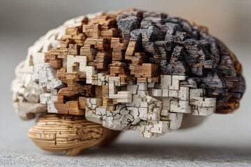 Brain shape made from wooden puzzle blocks. Logical thinking side of the brain. Generative ai