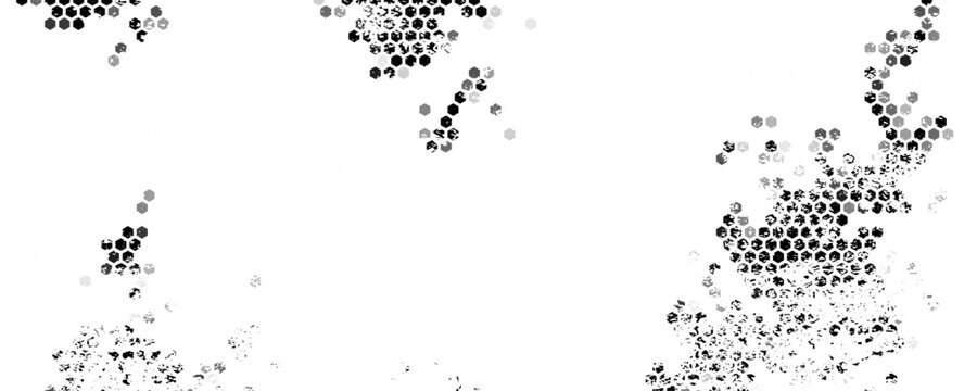 Abstract black and white background featuring a scattered hexagon (honeycomb) halftone pattern with a distressed grunge texture. The dynamic geometric composition creates a modern