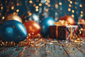 Festive close-up of balloons, gifts, and confetti on a wooden surface, with bokeh lights
