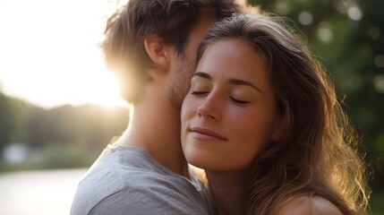 A couple embraces tenderly in the warm glow of golden hour sunlight outdoors